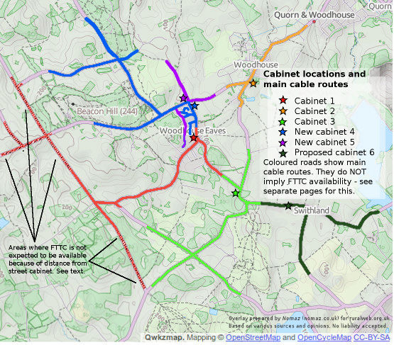 Cabinet locations and main cable routes from them